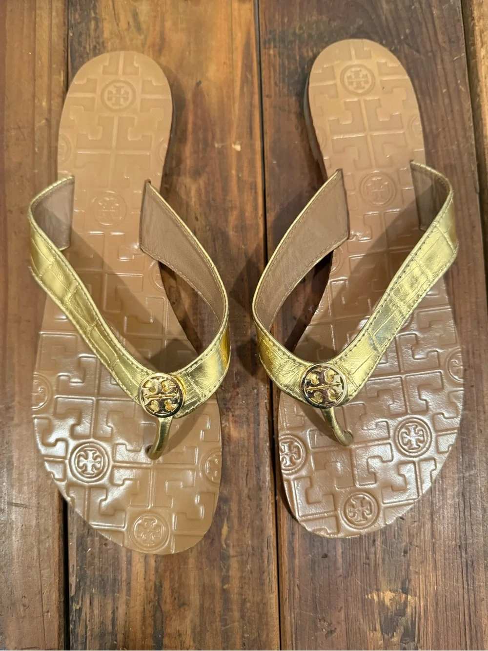 Tory Burch Gold Metallic Logo Thong Sandals